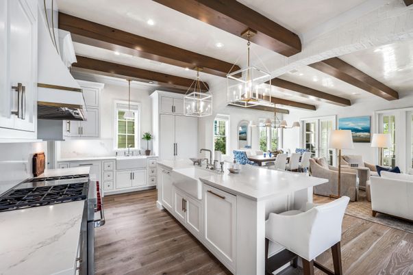 Dining room, Interior, Kitchen, Living room, Pendant Lights, Recessed Lighting, Stainless Steel Appliances, Wooden Beams, Wood Texture Flooring