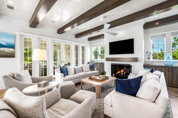 Fireplace, Interior, Living room, Recessed Lighting, Stone Walls, Wooden Beams, Wood Texture Flooring