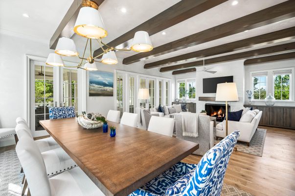 Dining room, Fireplace, Interior, Living room, Pendant Lights, Recessed Lighting, Wooden Beams, Wood Texture Flooring