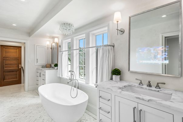 Bathroom, Dual Sink Vanities, Free Standing Baths, Interior, Marble, Recessed Lighting