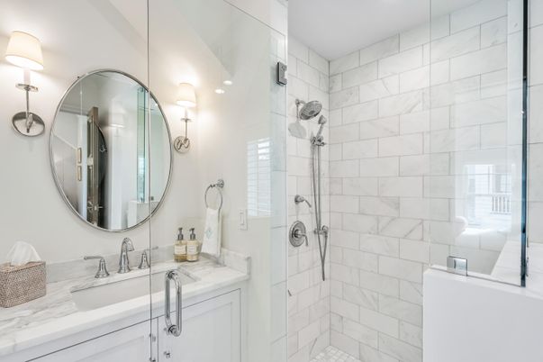 Bathroom, Glass Shower, Interior, Marble Walls, Recessed Lighting