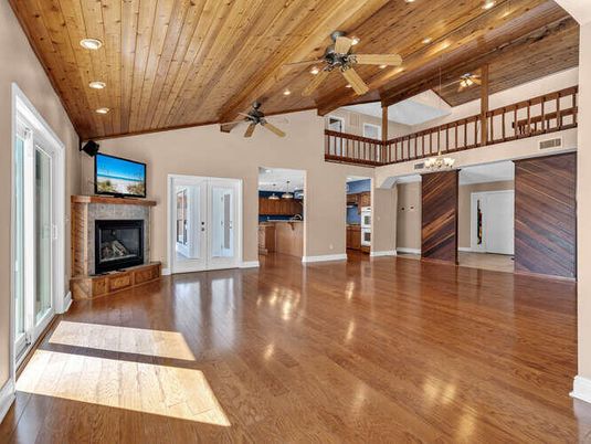 Empty room, Fireplace, Interior, Recessed Lighting, Wooden Ceilings, Wood Texture Flooring
