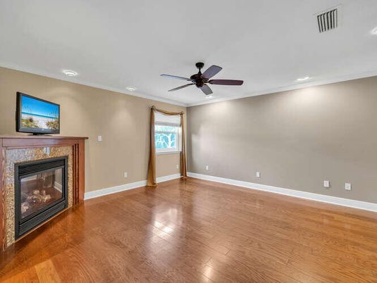 Empty room, Fireplace, Interior, Recessed Lighting, Wood Texture Flooring
