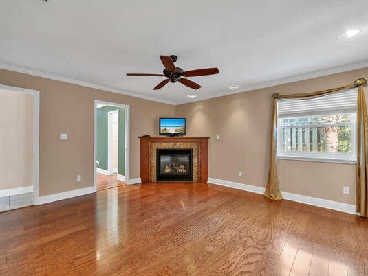 Empty room, Fireplace, Interior, Recessed Lighting, Wood Texture Flooring