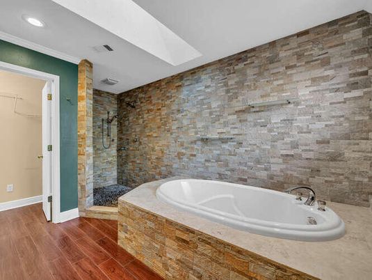 Bathroom, Interior, Recessed Lighting, Stone Walls, Wood Texture Flooring