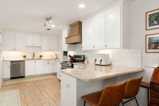 Interior, Kitchen, Recessed Lighting, Stainless Steel Appliances, Wood Texture Flooring