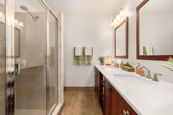 Bathroom, Dual Sink Vanities, Glass Shower, Interior, Wood Texture Flooring