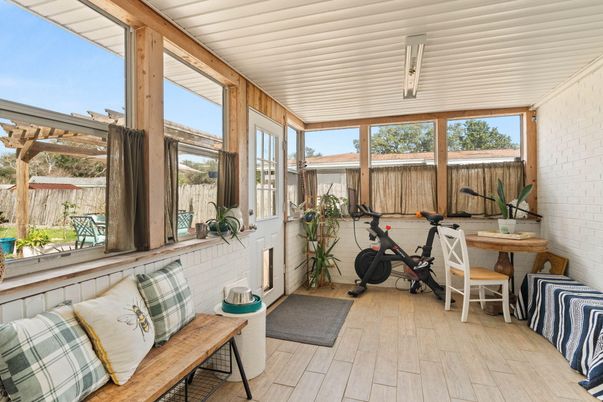 Fitness Equipment, Interior, Stone Walls, Sun Room, Wood Texture Flooring