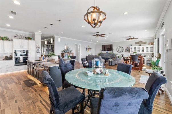 Dining room, Interior, Kitchen, Living room, Pendant Lights, Recessed Lighting, Wood Texture Flooring