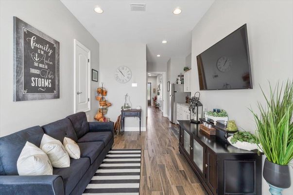 Interior, Kitchen, Living room, Recessed Lighting, Wood Texture Flooring