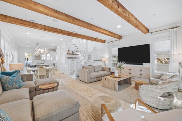 Chandelier, Dining room, Interior, Living room, Pendant Lights, Recessed Lighting, Wooden Beams