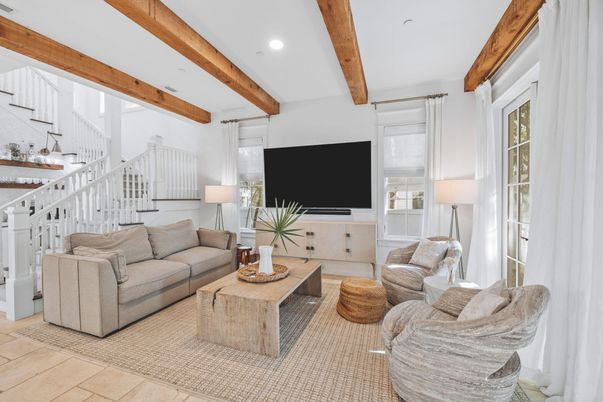 Interior, Living room, Recessed Lighting, Wooden Beams