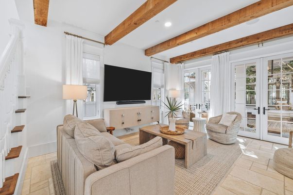 Interior, Living room, Recessed Lighting, Wooden Beams