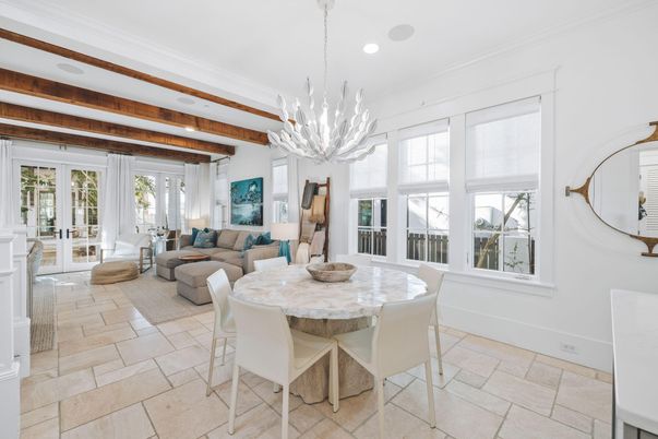 Chandelier, Dining room, Interior, Living room, Recessed Lighting, Wooden Beams