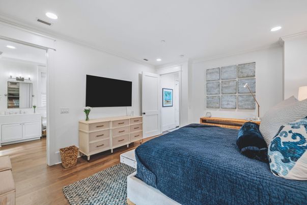 Bedroom, Interior, Recessed Lighting, Wood Texture Flooring