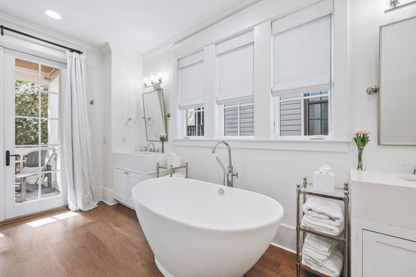Bathroom, Dual Sink Vanities, Free Standing Baths, Interior, Recessed Lighting, Wood Texture Flooring
