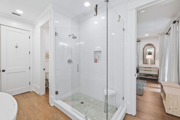 Bathroom, Glass Shower, Interior, Recessed Lighting, Wood Texture Flooring