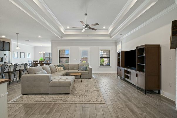 Dining room, Interior, Living room, Pendant Lights, Recessed Lighting, Wood Texture Flooring