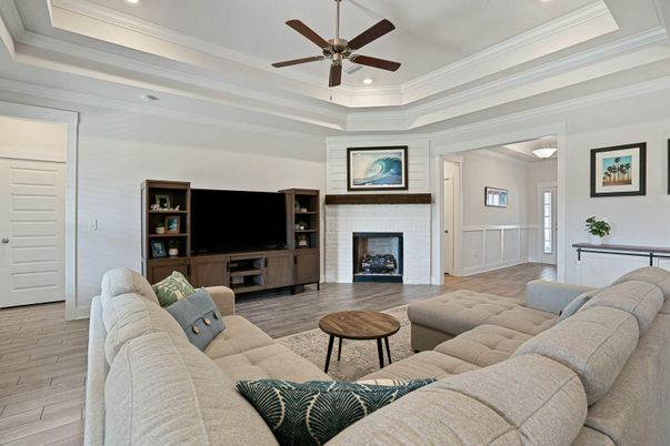 Fireplace, Interior, Living room, Recessed Lighting, Wood Texture Flooring