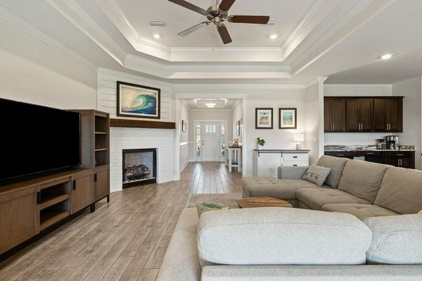 Fireplace, Interior, Living room, Recessed Lighting, Wood Texture Flooring