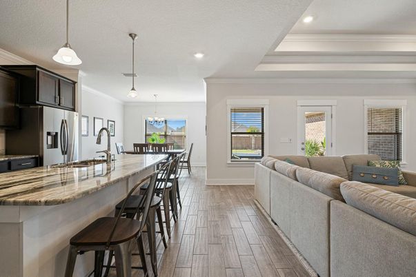 Chandelier, Dining room, Interior, Kitchen, Living room, Pendant Lights, Recessed Lighting, Wood Texture Flooring