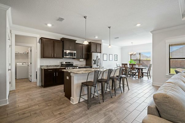 Chandelier, Dining room, Interior, Kitchen, Pendant Lights, Recessed Lighting, Stainless Steel Appliances, Wood Texture Flooring