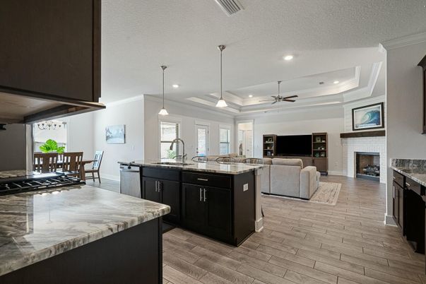 Dining room, Fireplace, Interior, Kitchen, Living room, Pendant Lights, Recessed Lighting, Wood Texture Flooring