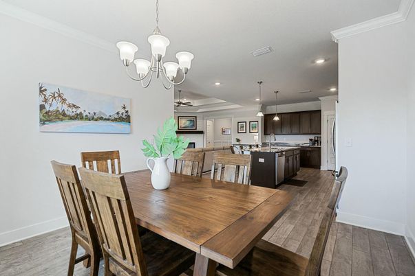 Chandelier, Dining room, Interior, Kitchen, Pendant Lights, Recessed Lighting, Wood Texture Flooring