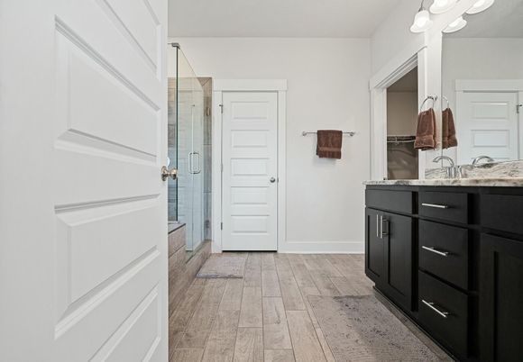 Bathroom, Glass Shower, Interior, Wood Texture Flooring
