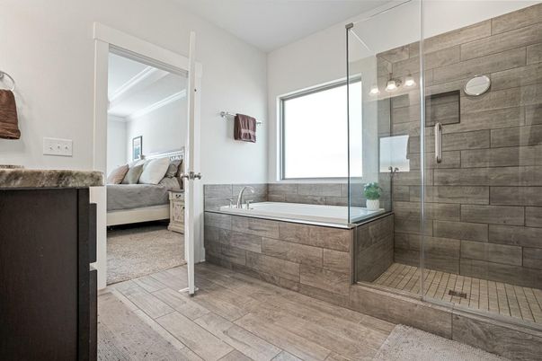 Bathroom, Bedroom, Glass Shower, Interior, Wood Texture Flooring