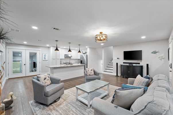 Interior, Kitchen, Living room, Pendant Lights, Recessed Lighting, Stainless Steel Appliances, Wood Texture Flooring