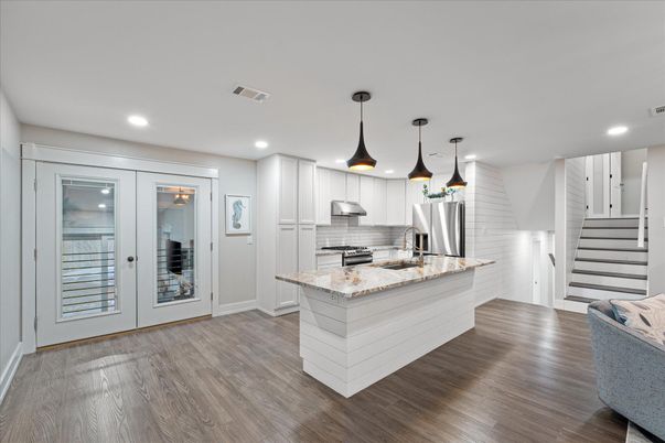 Interior, Kitchen, Pendant Lights, Recessed Lighting, Stainless Steel Appliances, Wood Texture Flooring