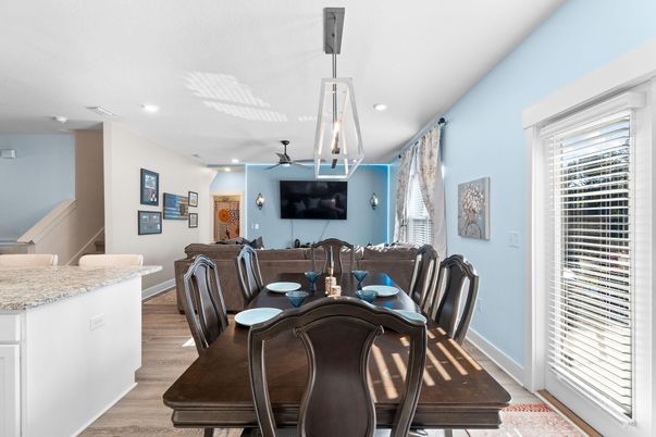 Dining room, Interior, Pendant Lights, Recessed Lighting, Wood Texture Flooring