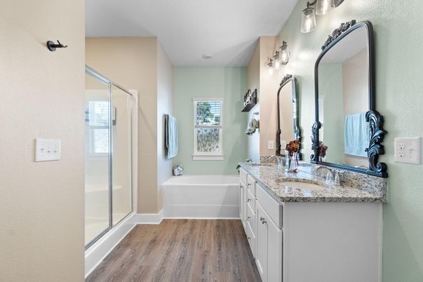 Bathroom, Dual Sink Vanities, Glass Shower, Interior, Wood Texture Flooring
