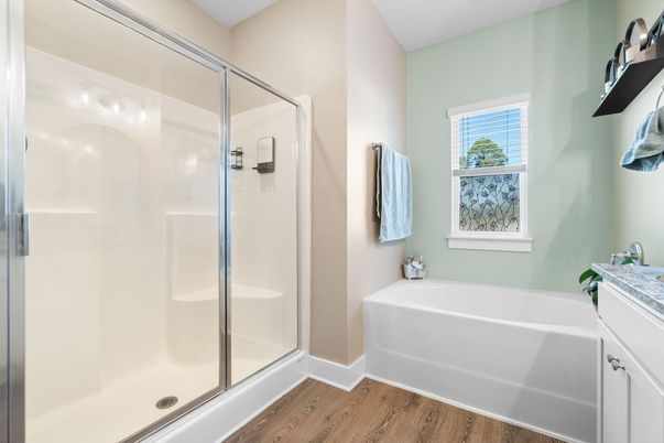 Bathroom, Glass Shower, Interior, Wood Texture Flooring