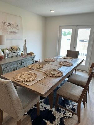 Dining room, Interior, Recessed Lighting, Wood Texture Flooring