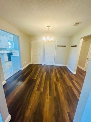 Chandelier, Empty room, Interior, Kitchen, Wood Texture Flooring