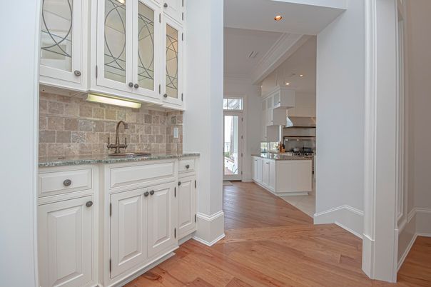 Interior, Kitchen, Recessed Lighting, Stone Walls, Wood Texture Flooring