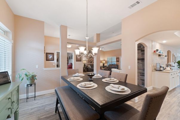 Chandelier, Dining room, Interior, Kitchen, Pendant Lights, Recessed Lighting, Wood Texture Flooring