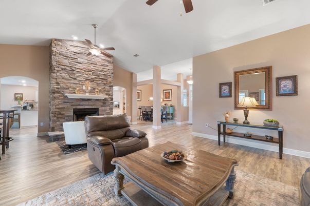 Dining room, Fireplace, Interior, Living room, Pendant Lights, Recessed Lighting, Stone Walls, Wood Texture Flooring
