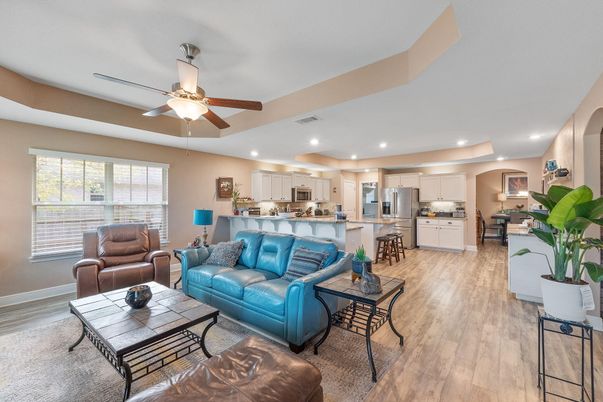 Interior, Kitchen, Living room, Recessed Lighting, Stainless Steel Appliances, Wood Texture Flooring
