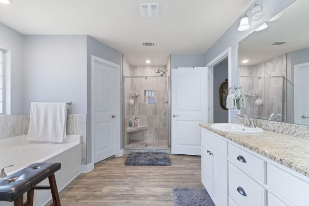 Bathroom, Dual Sink Vanities, Glass Shower, Interior, Recessed Lighting, Wood Texture Flooring