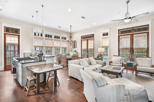 Chandelier, Dining room, Interior, Kitchen, Living room, Pendant Lights, Recessed Lighting, Wood Texture Flooring
