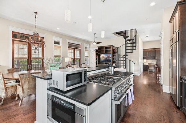 Chandelier, Dining room, Interior, Kitchen, Living room, Pendant Lights, Recessed Lighting, Wood Texture Flooring