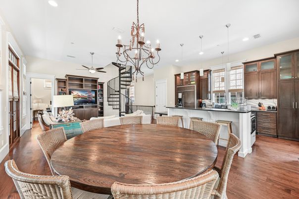 Chandelier, Dining room, Interior, Kitchen, Living room, Pendant Lights, Recessed Lighting, Wood Texture Flooring