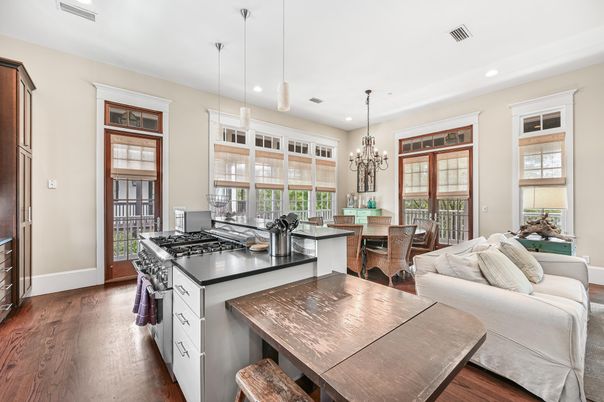 Chandelier, Dining room, Interior, Kitchen, Living room, Pendant Lights, Recessed Lighting, Wood Texture Flooring