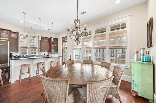 Chandelier, Dining room, Interior, Kitchen, Pendant Lights, Recessed Lighting, Wood Texture Flooring