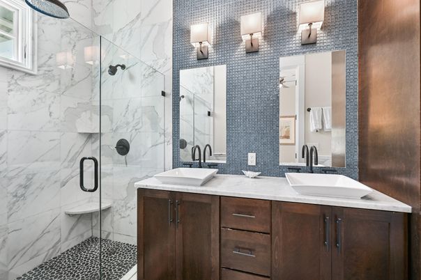 Bathroom, Dual Sink Vanities, Glass Shower, Interior, Marble Walls
