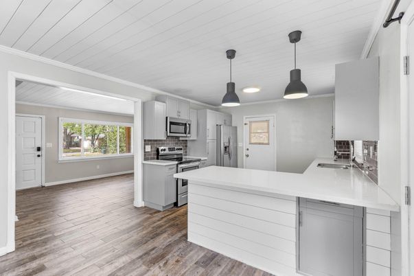 Interior, Kitchen, Pendant Lights, Stainless Steel Appliances, Wood Texture Flooring