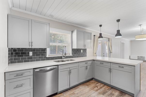 Interior, Kitchen, Pendant Lights, Stainless Steel Appliances, Wood Texture Flooring